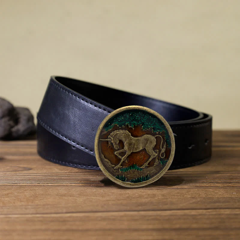 Men's DIY Mystical Unicorn Antique Bronze Buckle Leather Belt - Image 5