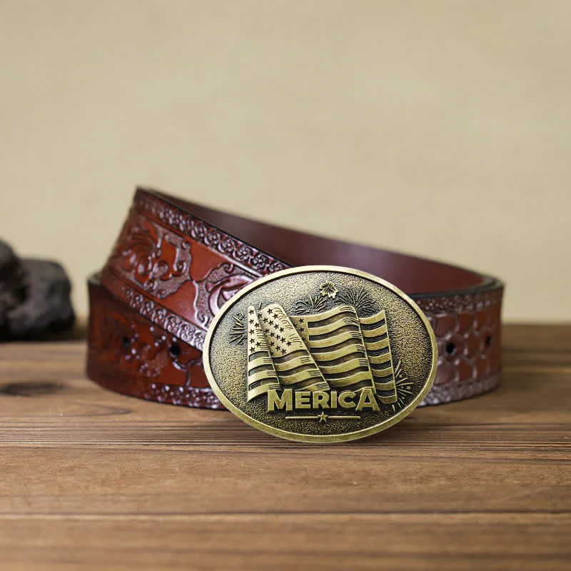 Men's DIY Native American Flag Texas Style Buckle Leather Belt - Image 15