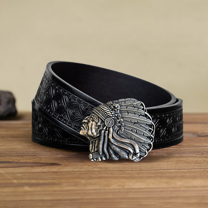 Men's DIY Native Chief Head Buckle Leather Belt - Image 7