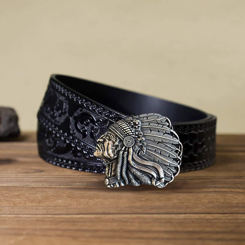 Men's DIY Native Chief Head Buckle Leather Belt - Image 8
