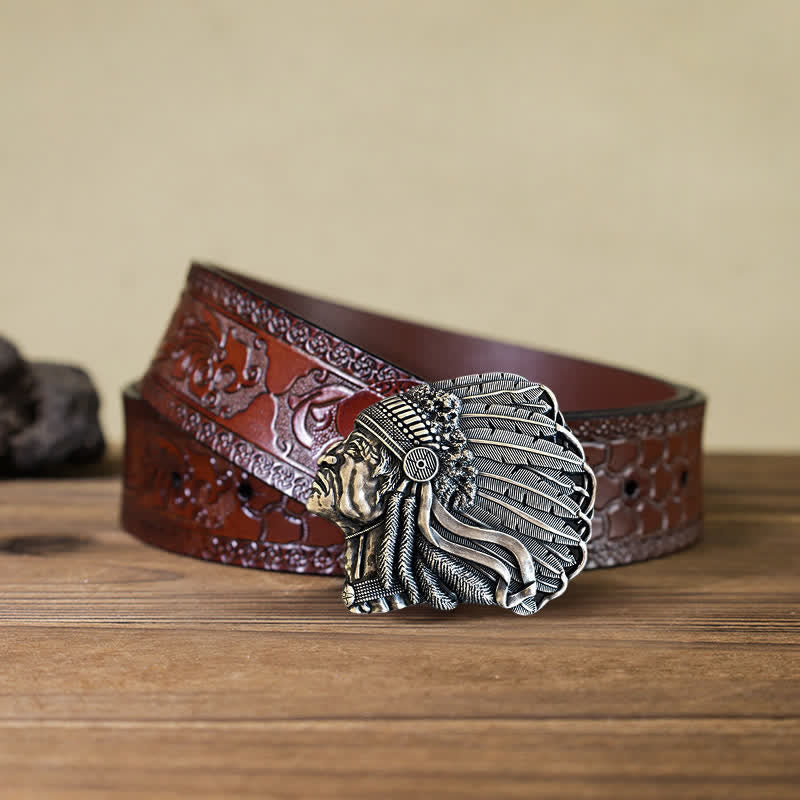 Men's DIY Native Chief Head Buckle Leather Belt - Image 9