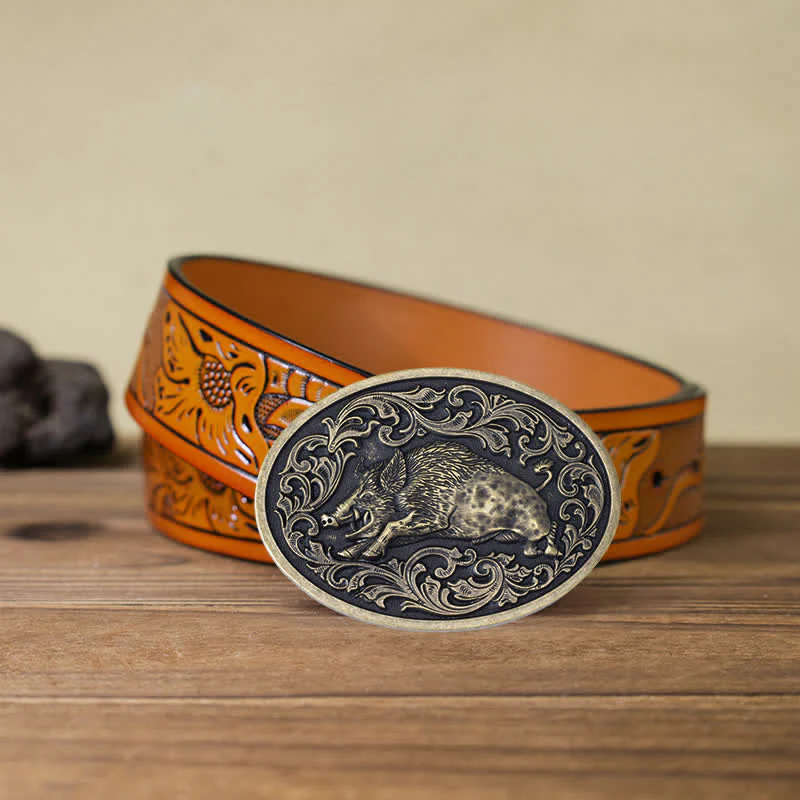 Men's DIY Novelty Wild Boar Buckle Leather Belt - Image 18