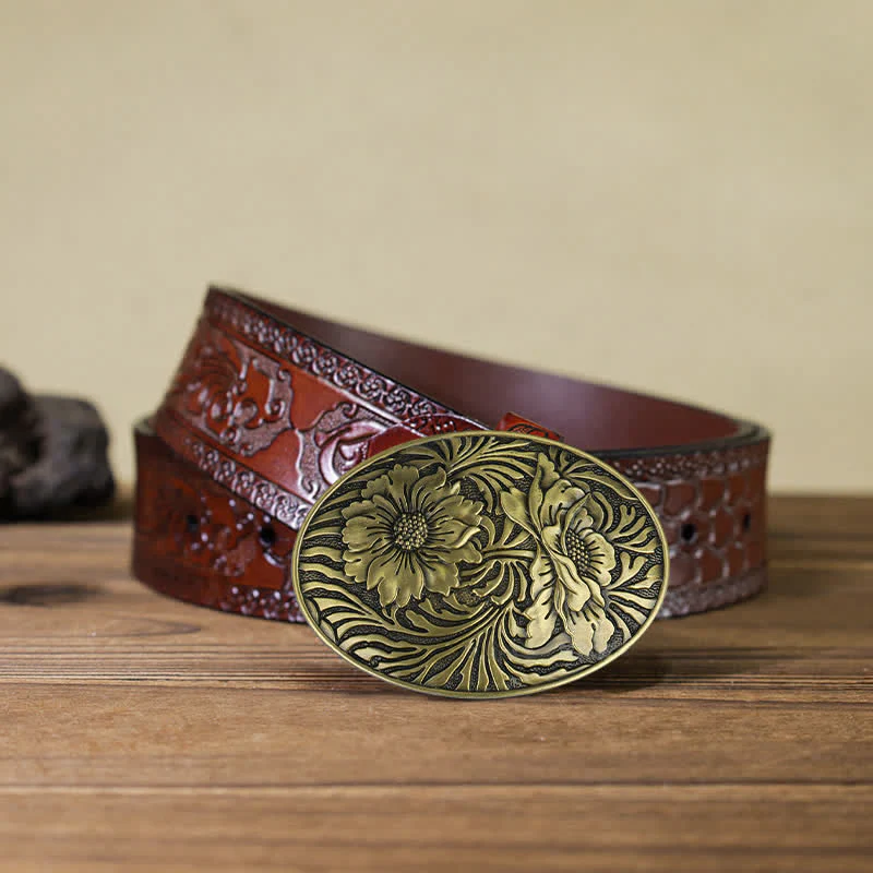 Men's DIY Oval Western Floral Buckle Leather Belt - Image 16