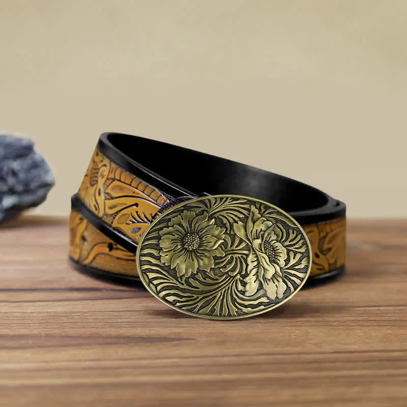 Men's DIY Oval Western Floral Buckle Leather Belt - Image 17