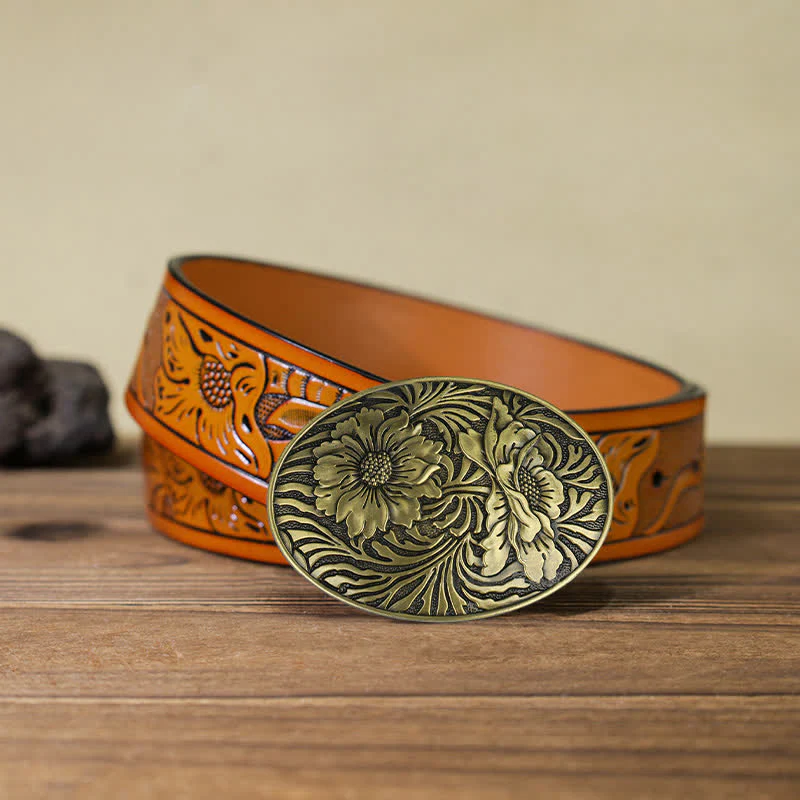 Men's DIY Oval Western Floral Buckle Leather Belt - Image 18