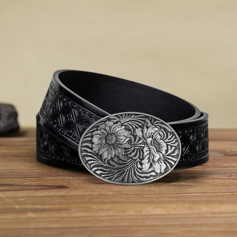 Men's DIY Oval Western Floral Buckle Leather Belt - Image 6