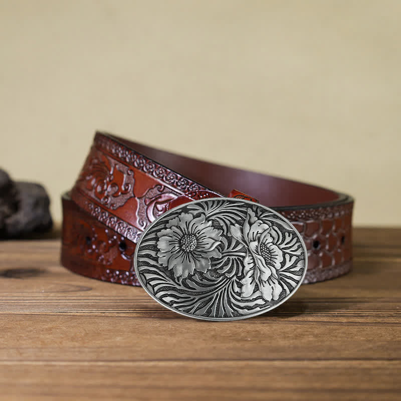 Men's DIY Oval Western Floral Buckle Leather Belt - Image 8