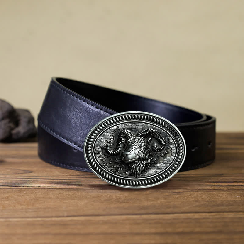 Men's DIY Ram Goat Head Western Buckle Leather Belt - Image 4