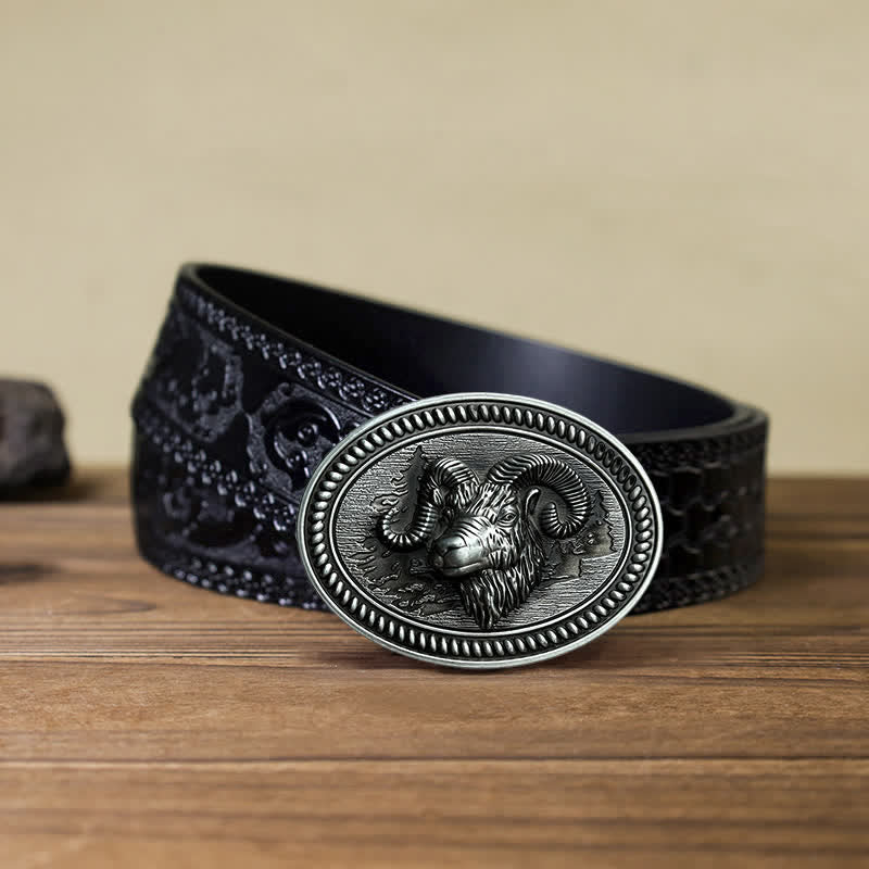 Men's DIY Ram Goat Head Western Buckle Leather Belt - Image 7