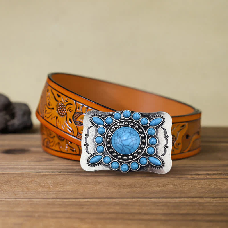 Men's DIY Rectangular Turquoise Stone Buckle Leather Belt - Image 10