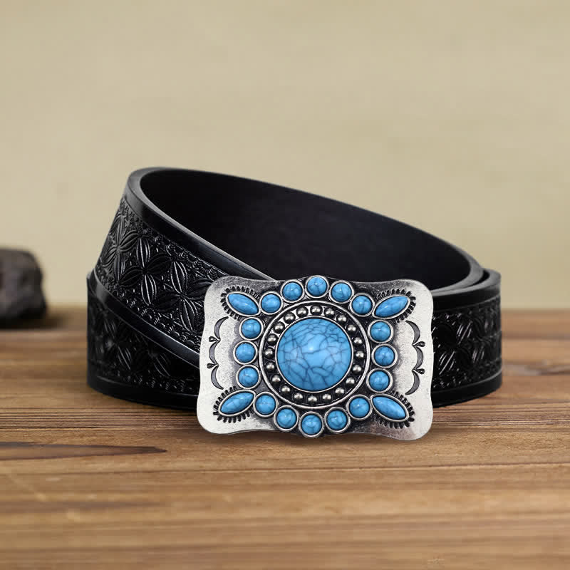 Men's DIY Rectangular Turquoise Stone Buckle Leather Belt - Image 6