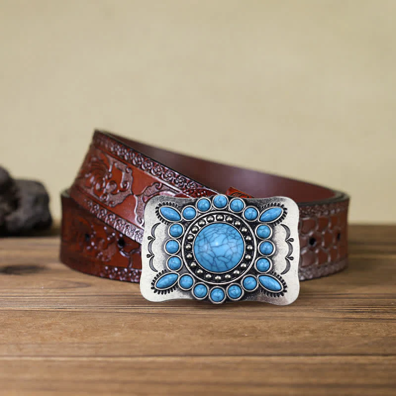 Men's DIY Rectangular Turquoise Stone Buckle Leather Belt - Image 8