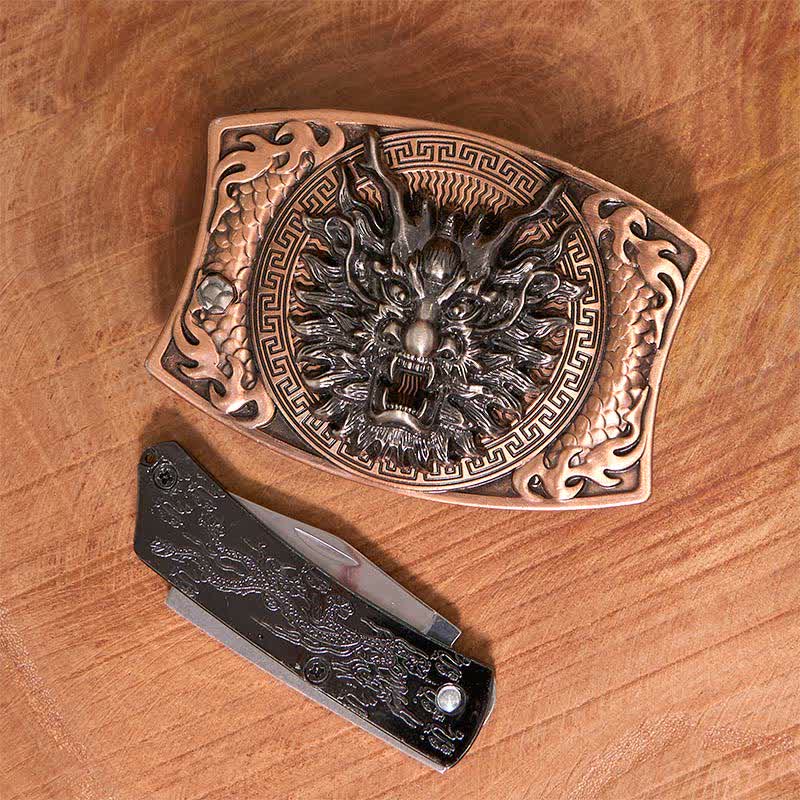 Men's DIY Red Bronze Dragon Hidden Folding Knife Leather Belt - Image 3