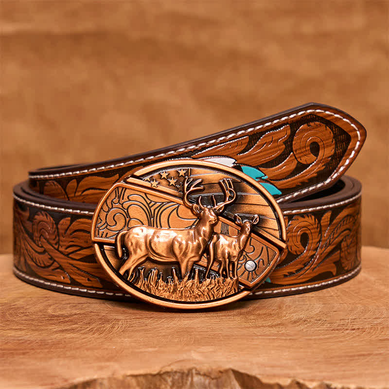 Men's DIY Red Bronze Dual Deers Hidden Folding Knife Leather Belt - Image 10
