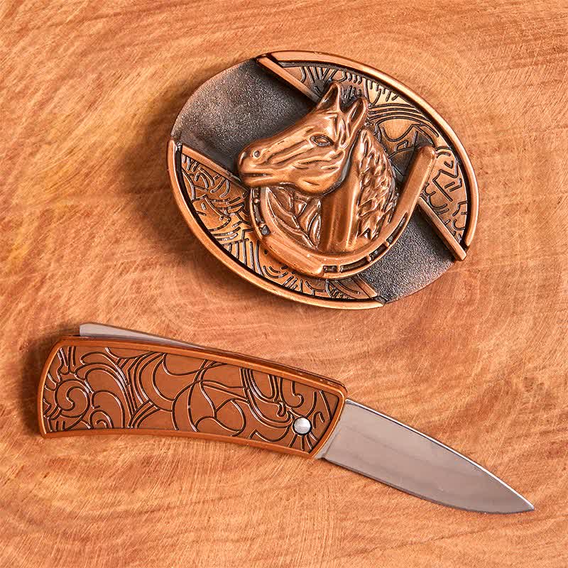 Men's DIY Red Bronze Horse Head Hidden Folding Knife Leather Belt - Image 2