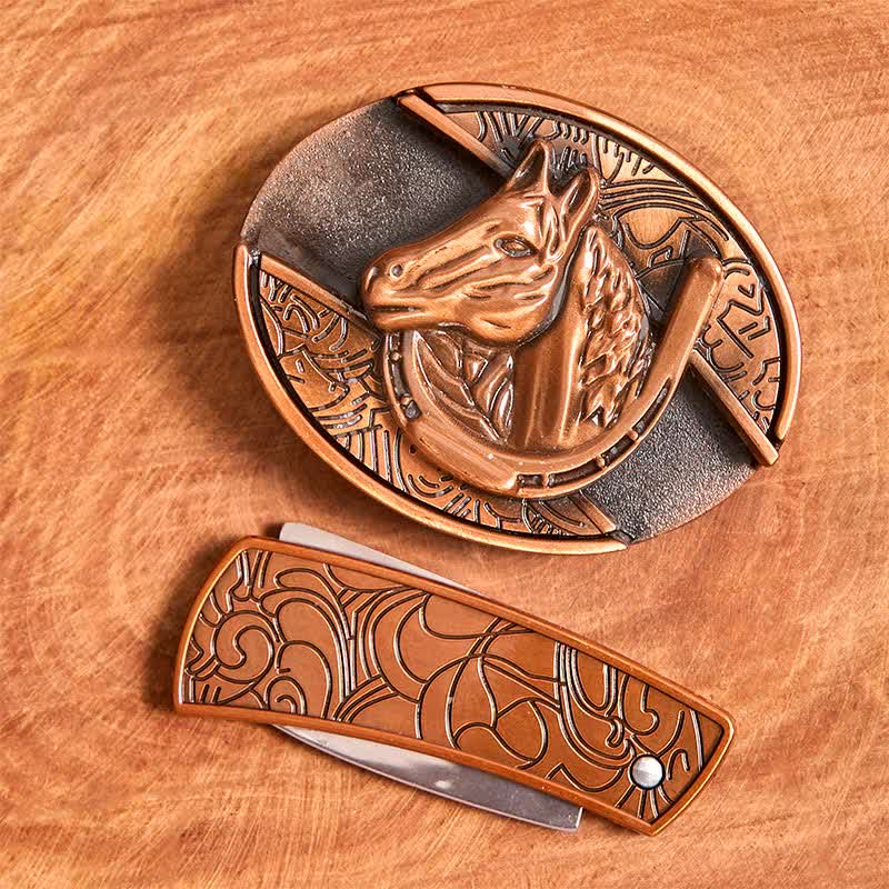 Men's DIY Red Bronze Horse Head Hidden Folding Knife Leather Belt - Image 4