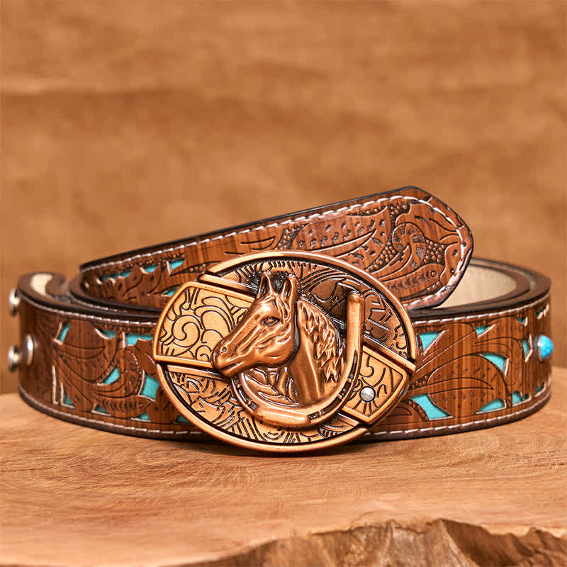 Men's DIY Red Bronze Horse Head Hidden Folding Knife Leather Belt - Image 6