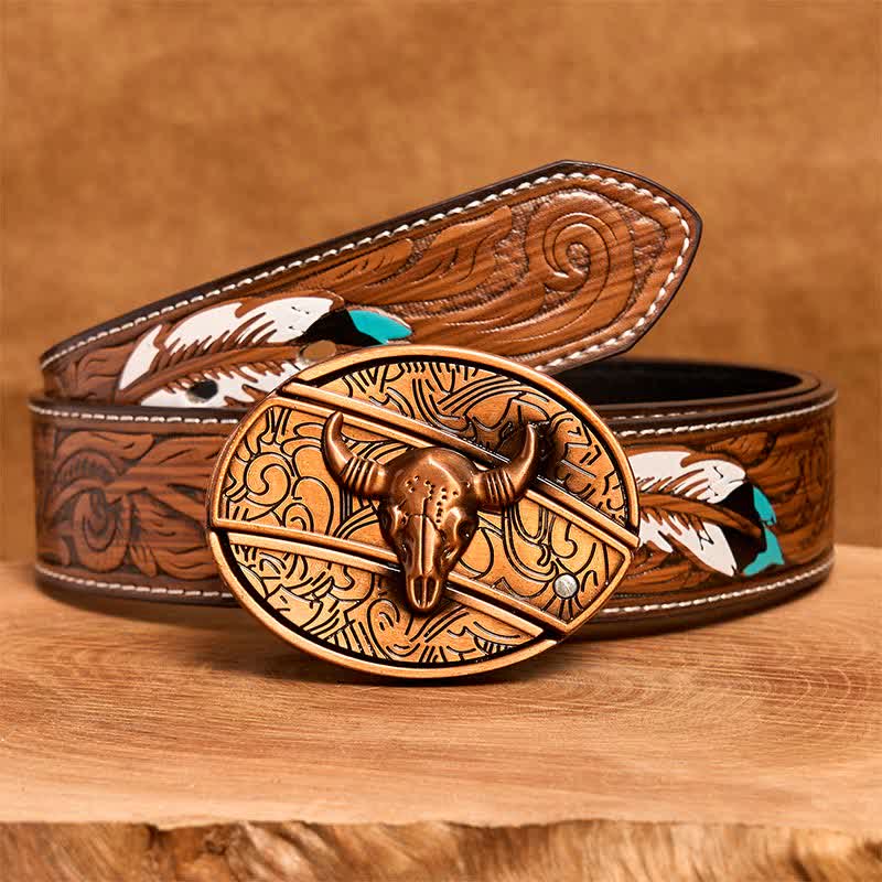 Men's DIY Red Bronze Longhorn Bull Hidden Folding Knife Leather Belt - Image 10