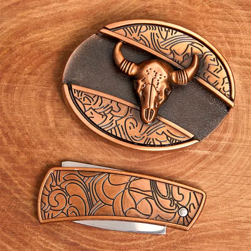 Men's DIY Red Bronze Longhorn Bull Hidden Folding Knife Leather Belt - Image 4