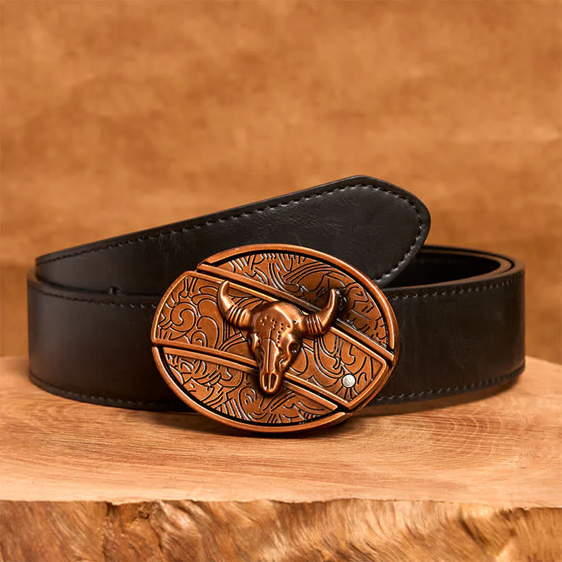 Men's DIY Red Bronze Longhorn Bull Hidden Folding Knife Leather Belt - Image 5