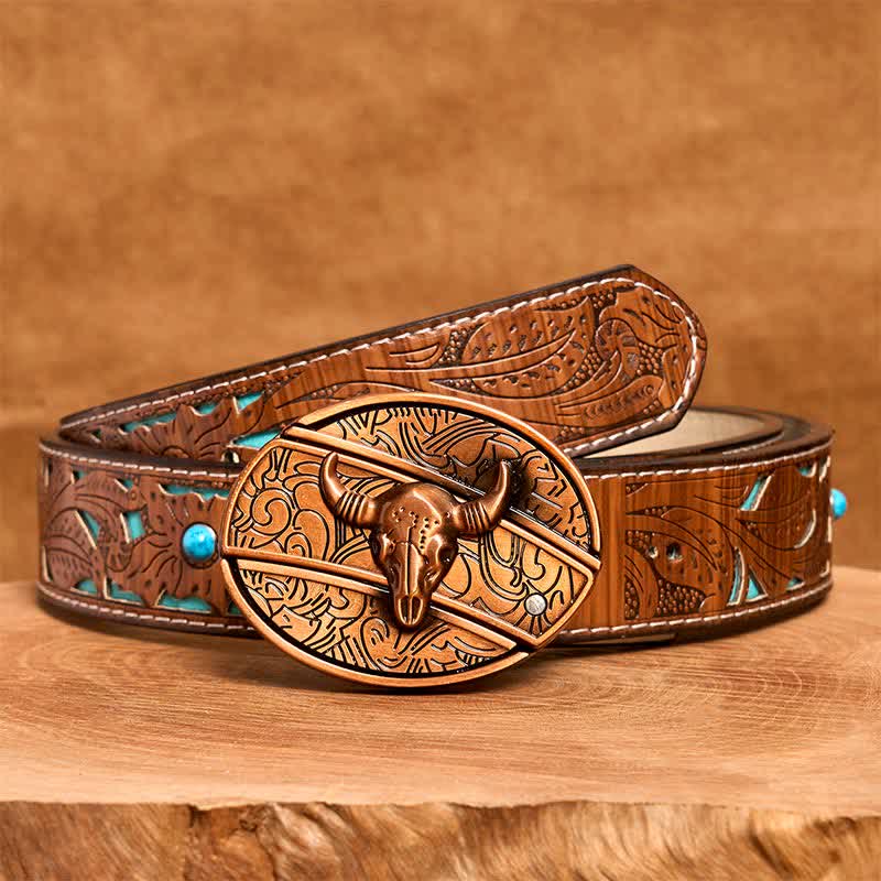 Men's DIY Red Bronze Longhorn Bull Hidden Folding Knife Leather Belt - Image 6