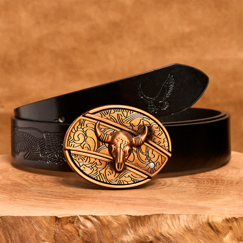 Men's DIY Red Bronze Longhorn Bull Hidden Folding Knife Leather Belt - Image 7
