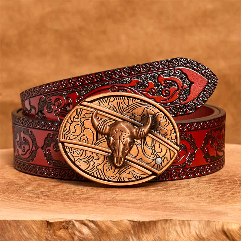 Men's DIY Red Bronze Longhorn Bull Hidden Folding Knife Leather Belt - Image 8