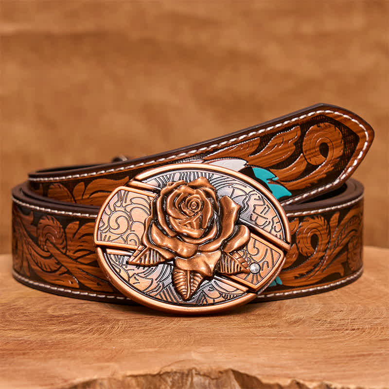 Men's DIY Red Bronze Rose Hidden Folding Knife Leather Belt - Image 10