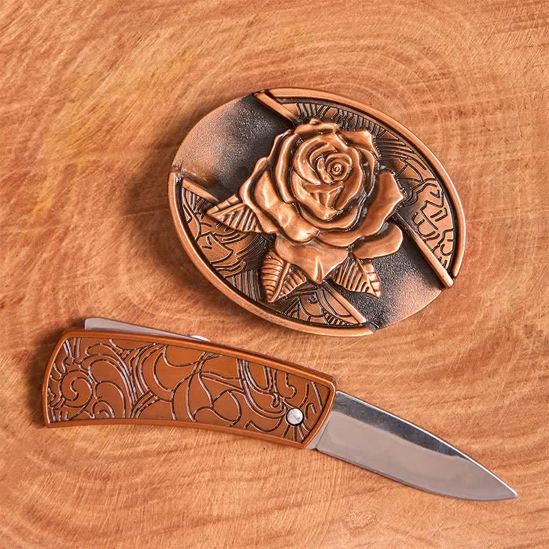 Men's DIY Red Bronze Rose Hidden Folding Knife Leather Belt - Image 2