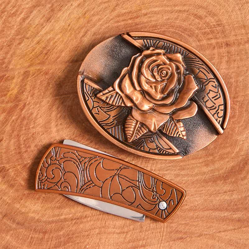Men's DIY Red Bronze Rose Hidden Folding Knife Leather Belt - Image 4