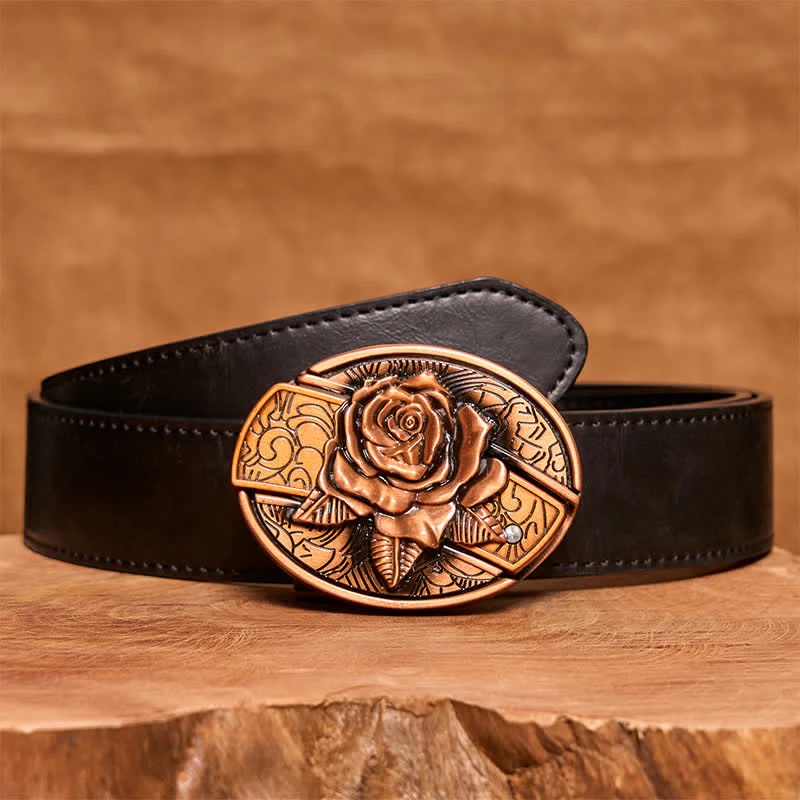Men's DIY Red Bronze Rose Hidden Folding Knife Leather Belt - Image 5