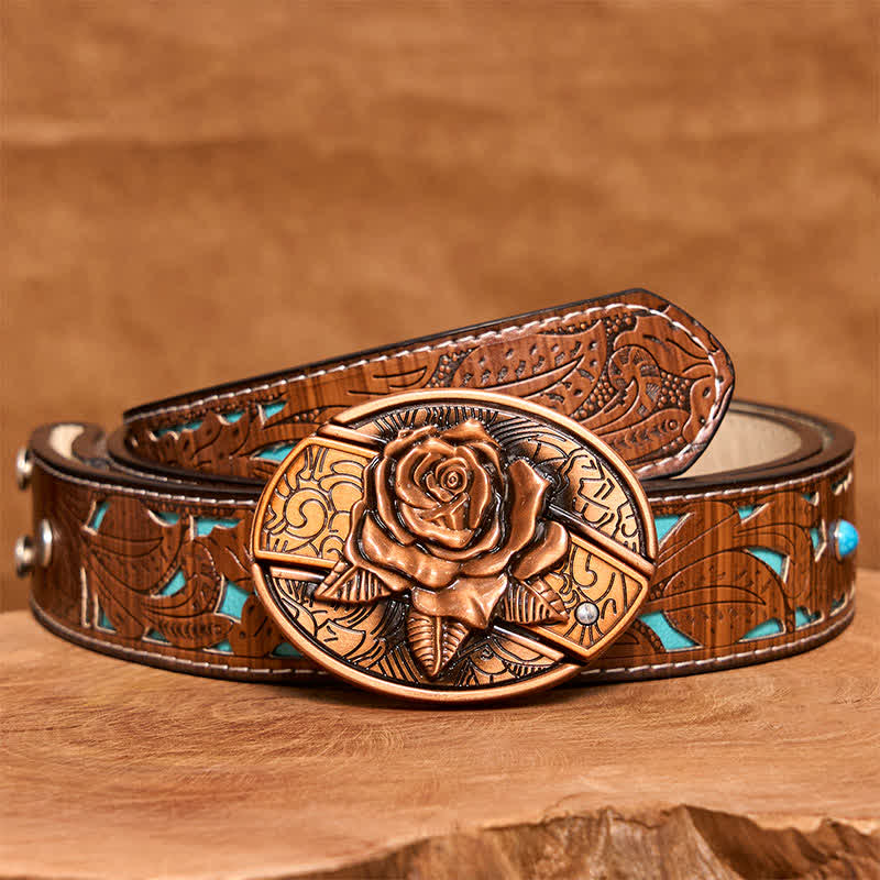 Men's DIY Red Bronze Rose Hidden Folding Knife Leather Belt - Image 6