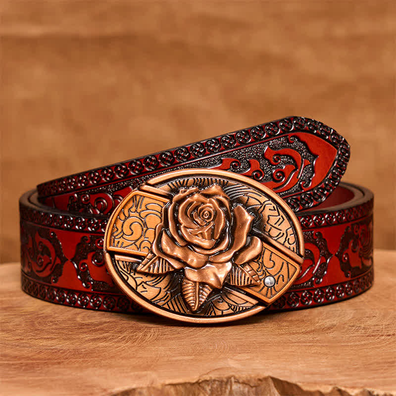 Men's DIY Red Bronze Rose Hidden Folding Knife Leather Belt - Image 8