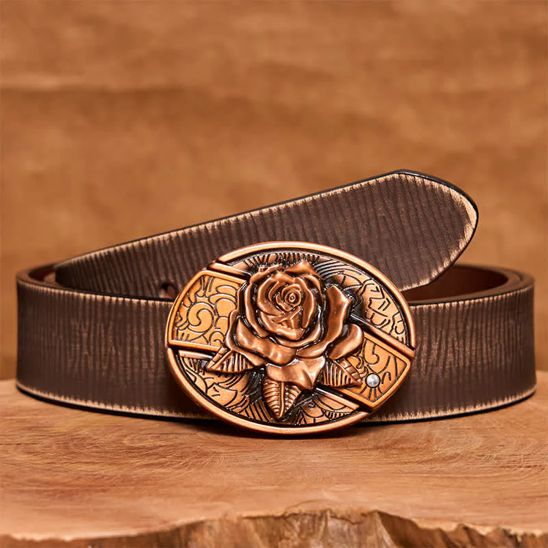 Men's DIY Red Bronze Rose Hidden Folding Knife Leather Belt - Image 9