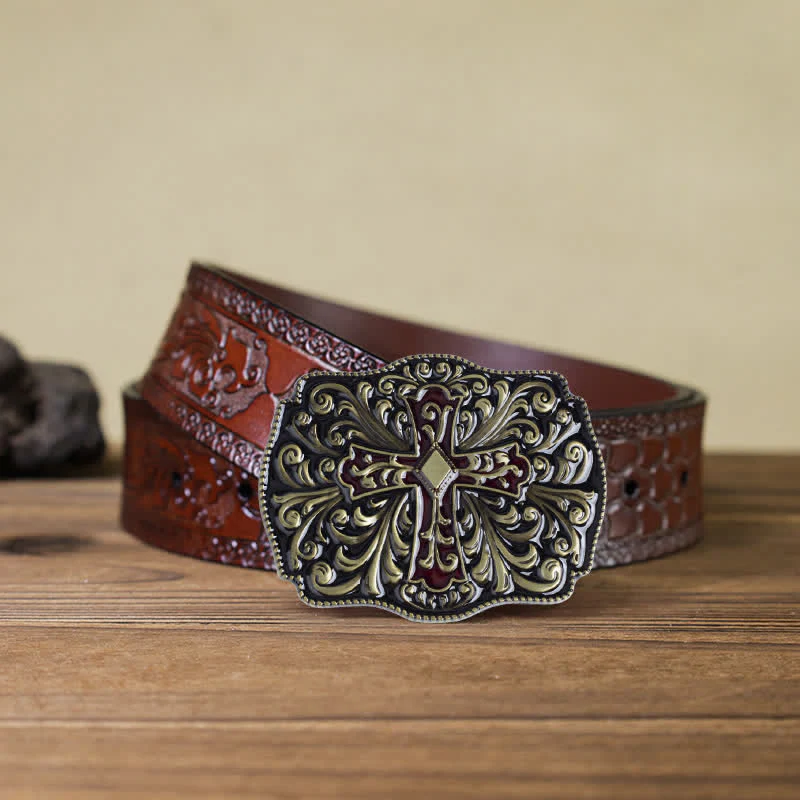 Men's DIY Red Enamel Cross Buckle Leather Belt - Image 19