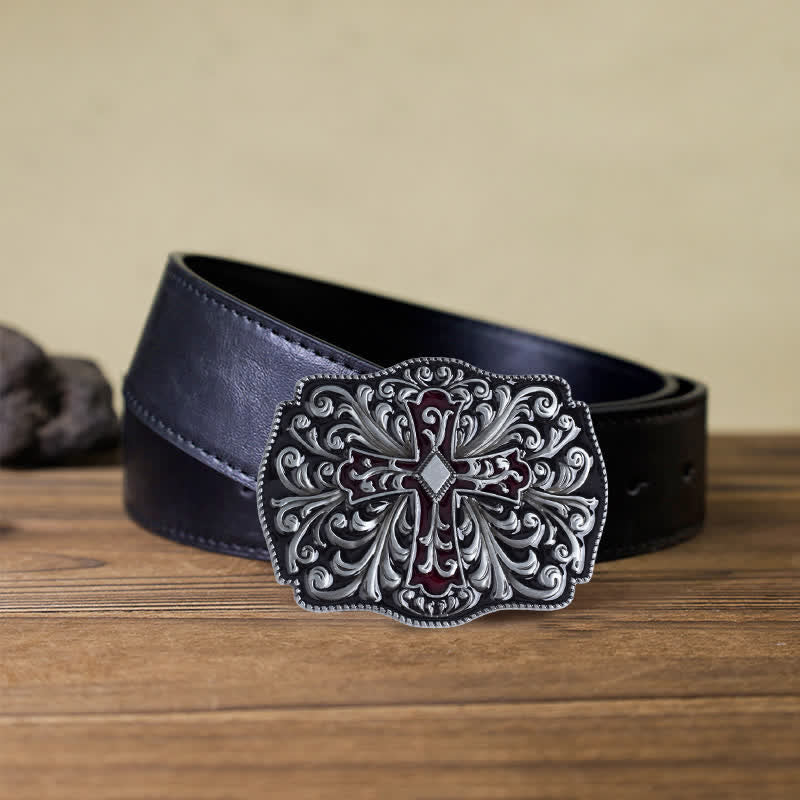 Men's DIY Red Enamel Cross Buckle Leather Belt - Image 6