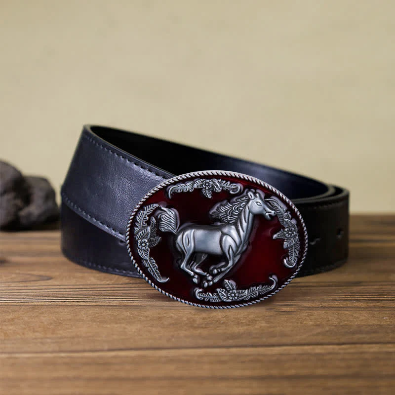 Men's DIY Red Enamel Running Horse Buckle Leather Belt - Image 6