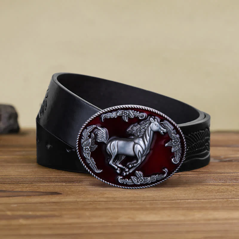 Men's DIY Red Enamel Running Horse Buckle Leather Belt - Image 8