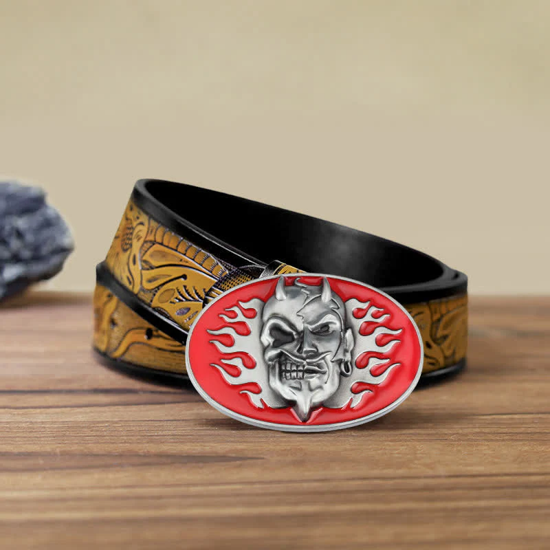 Men's DIY Red Flame Devil Skull Buckle Leather Belt - Image 11