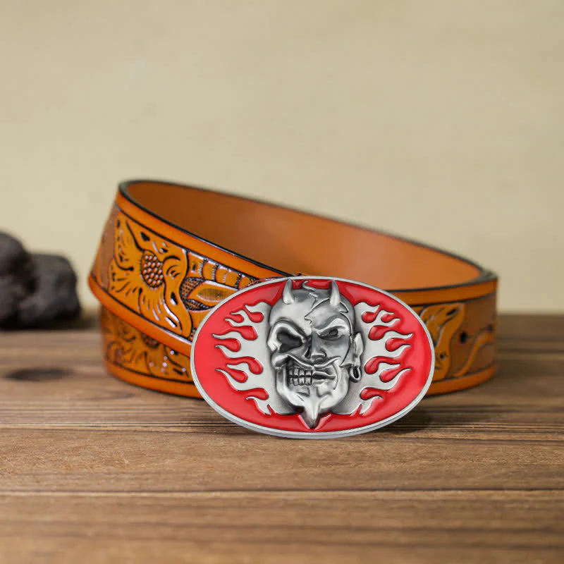 Men's DIY Red Flame Devil Skull Buckle Leather Belt - Image 12