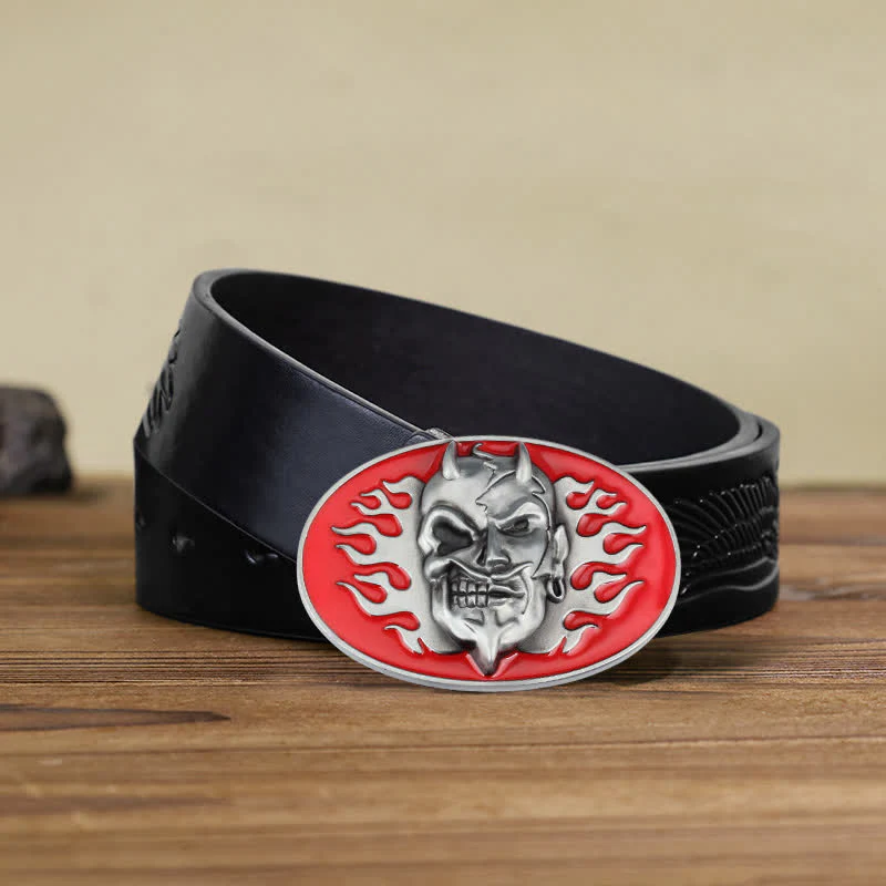 Men's DIY Red Flame Devil Skull Buckle Leather Belt - Image 7