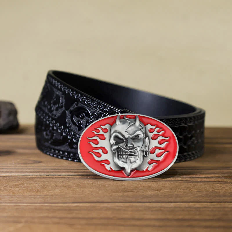 Men's DIY Red Flame Devil Skull Buckle Leather Belt - Image 9