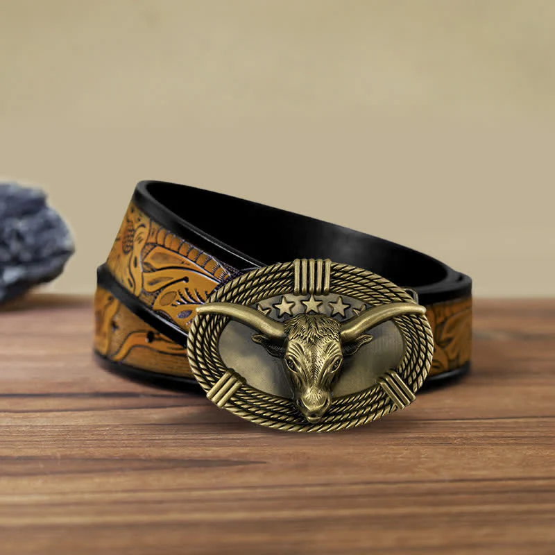 Men's DIY Retro Five Stars Bull Head Buckle Leather Belt - Image 10