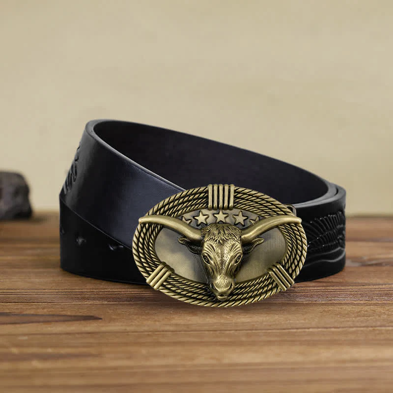 Men's DIY Retro Five Stars Bull Head Buckle Leather Belt - Image 6
