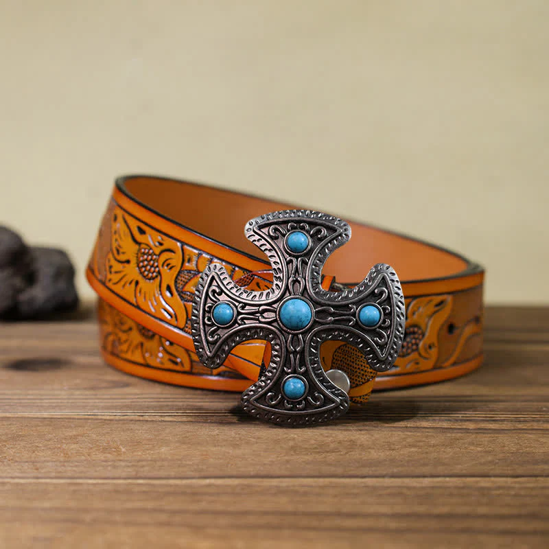 Men's DIY Retro Turquoise Stone Cross Buckle Leather Belt - Image 15