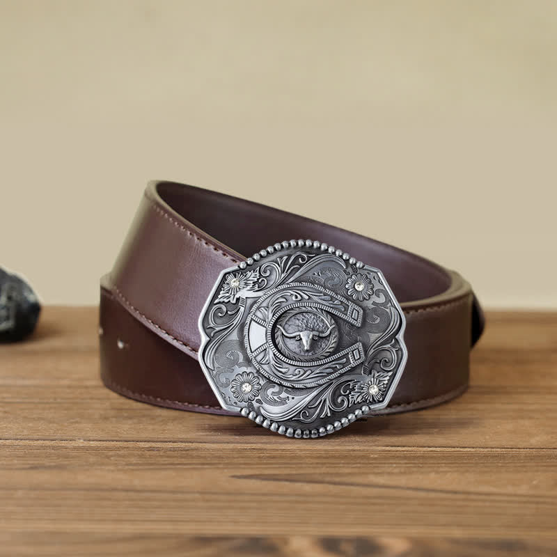Men's DIY Rhinestone Floral Bull Buckle Leather Belt - Image 10