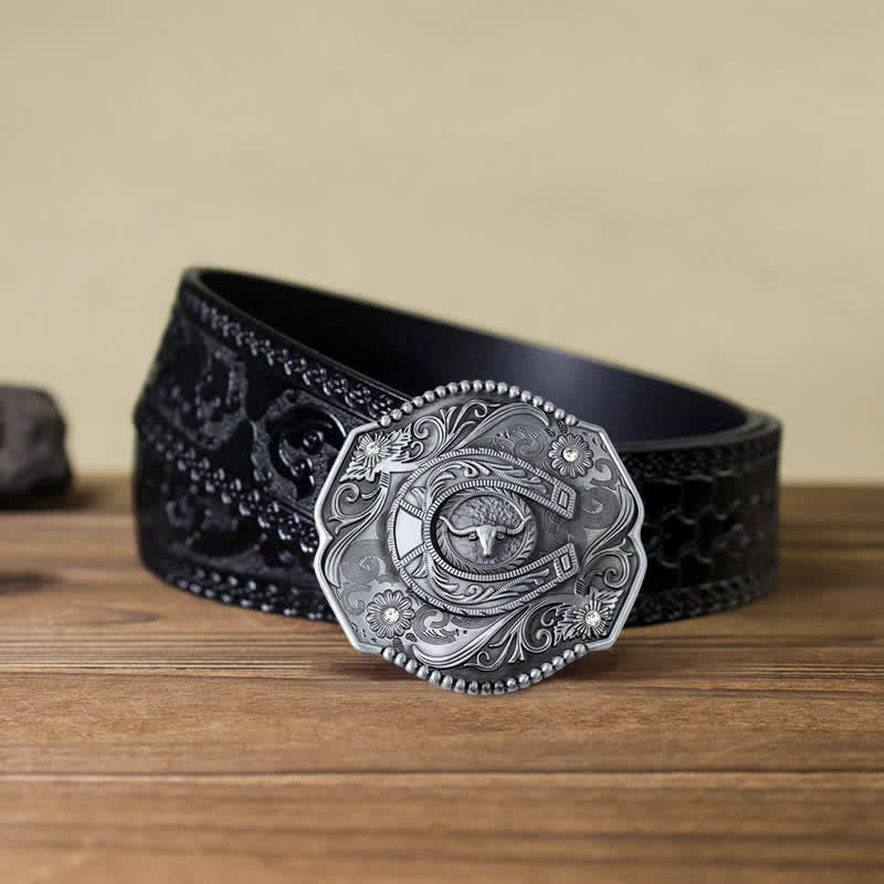 Men's DIY Rhinestone Floral Bull Buckle Leather Belt - Image 12