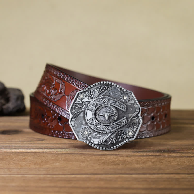 Men's DIY Rhinestone Floral Bull Buckle Leather Belt - Image 14