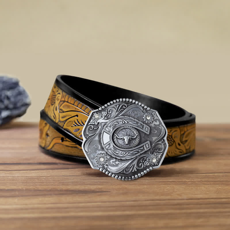 Men's DIY Rhinestone Floral Bull Buckle Leather Belt - Image 16