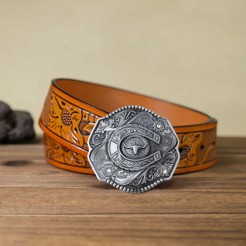 Men's DIY Rhinestone Floral Bull Buckle Leather Belt - Image 18